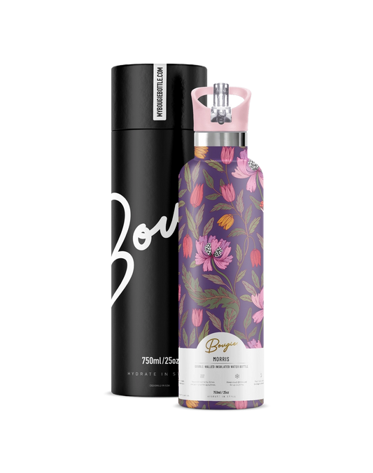 Floral-patterned water bottle with black sleeve and white text on a white background