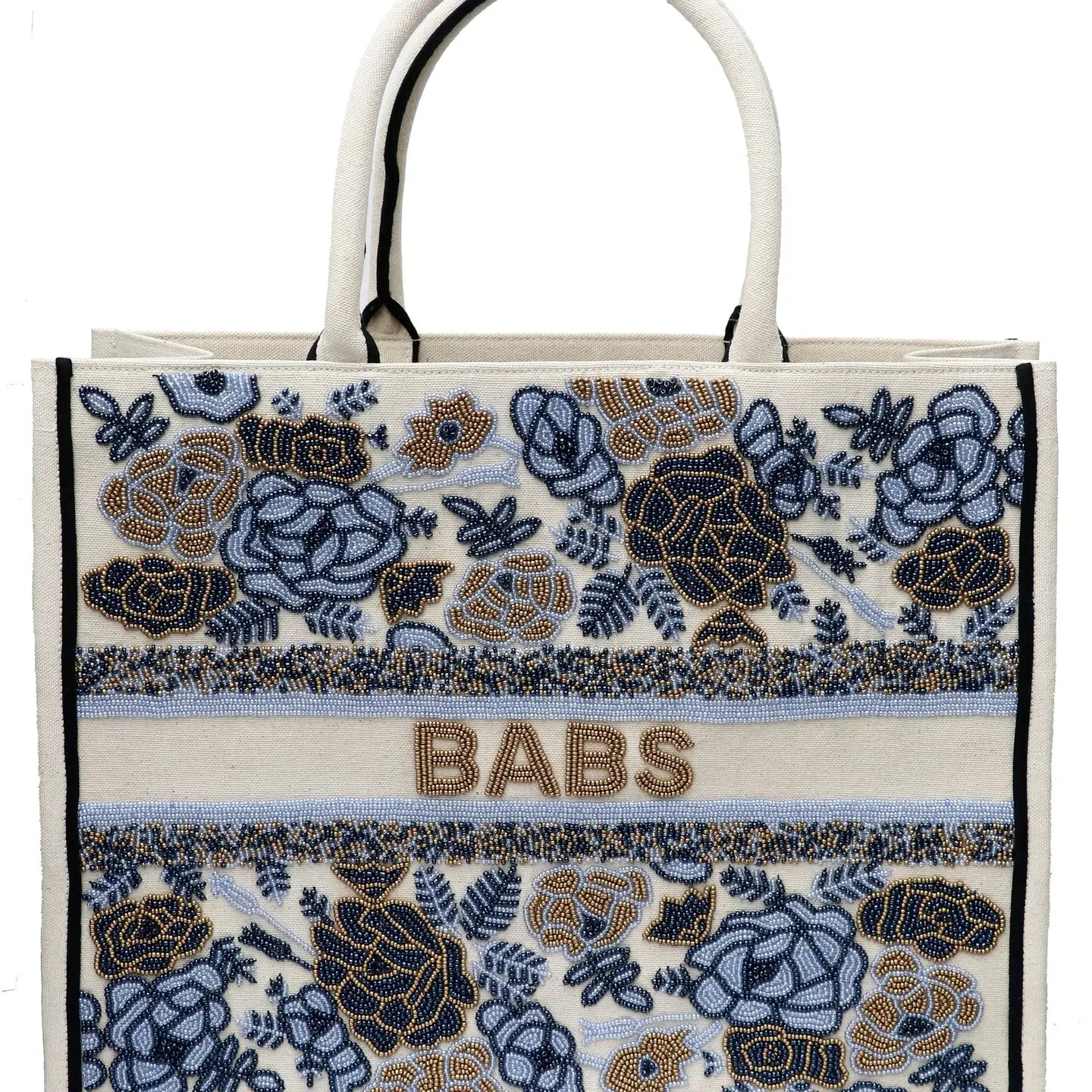 Navy Roses Beaded Tote Bag