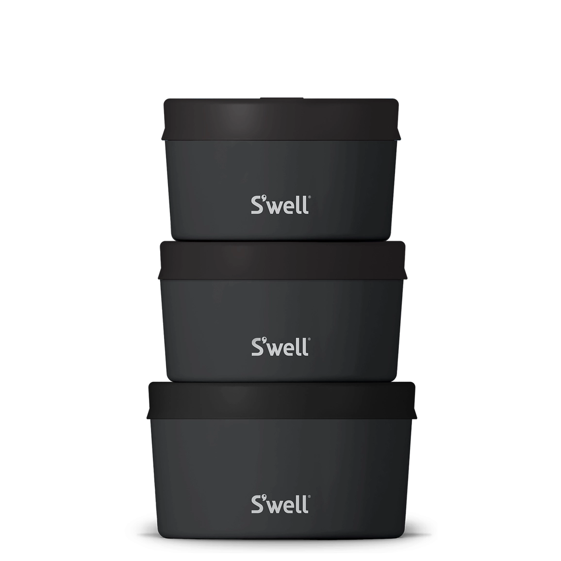 Set of three black 'S'well' containers stacked on a white background