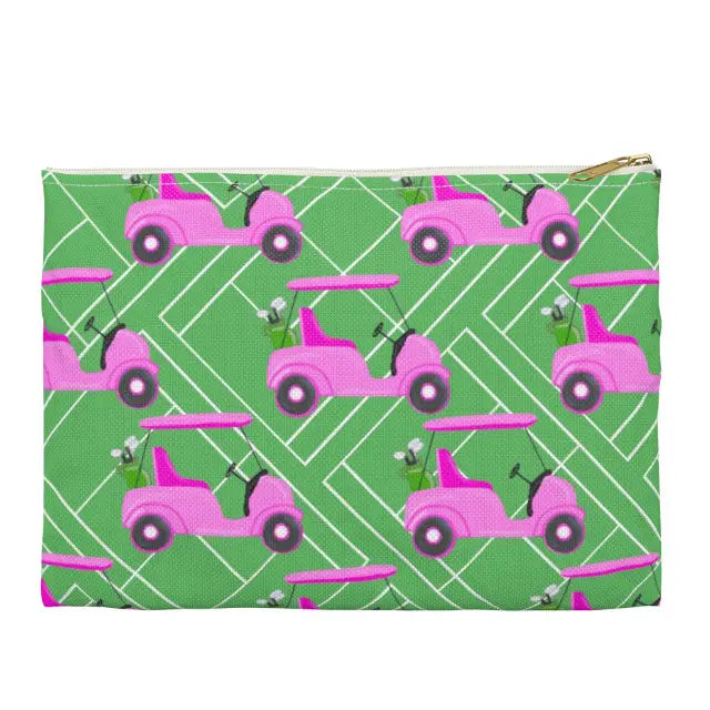 Pouch with pink golf cart pattern on a green background