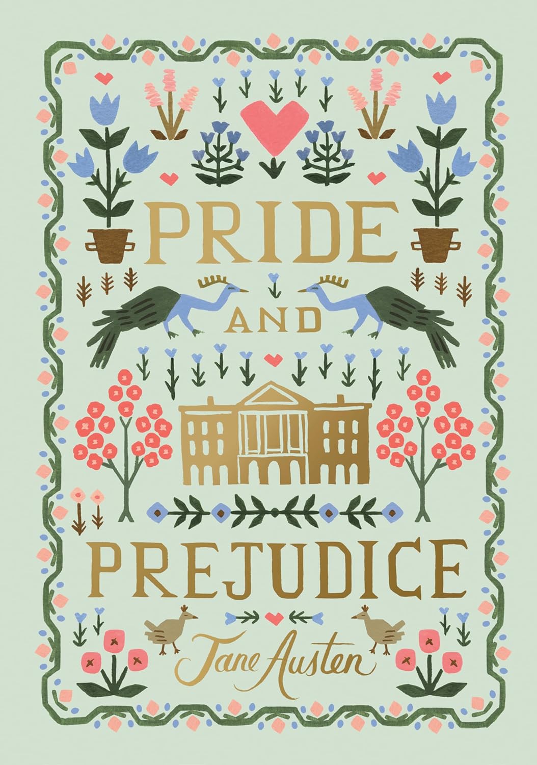 Book cover of 'Pride and Prejudice' by Jane Austen with decorative elements on a light green background