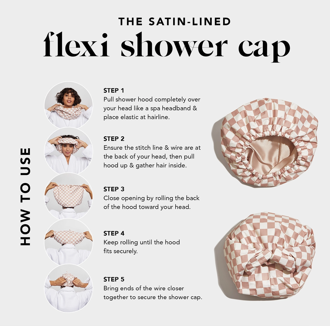Satin Lined Flexi Shower Cap - Terracotta Checker - NY Gift Boutique