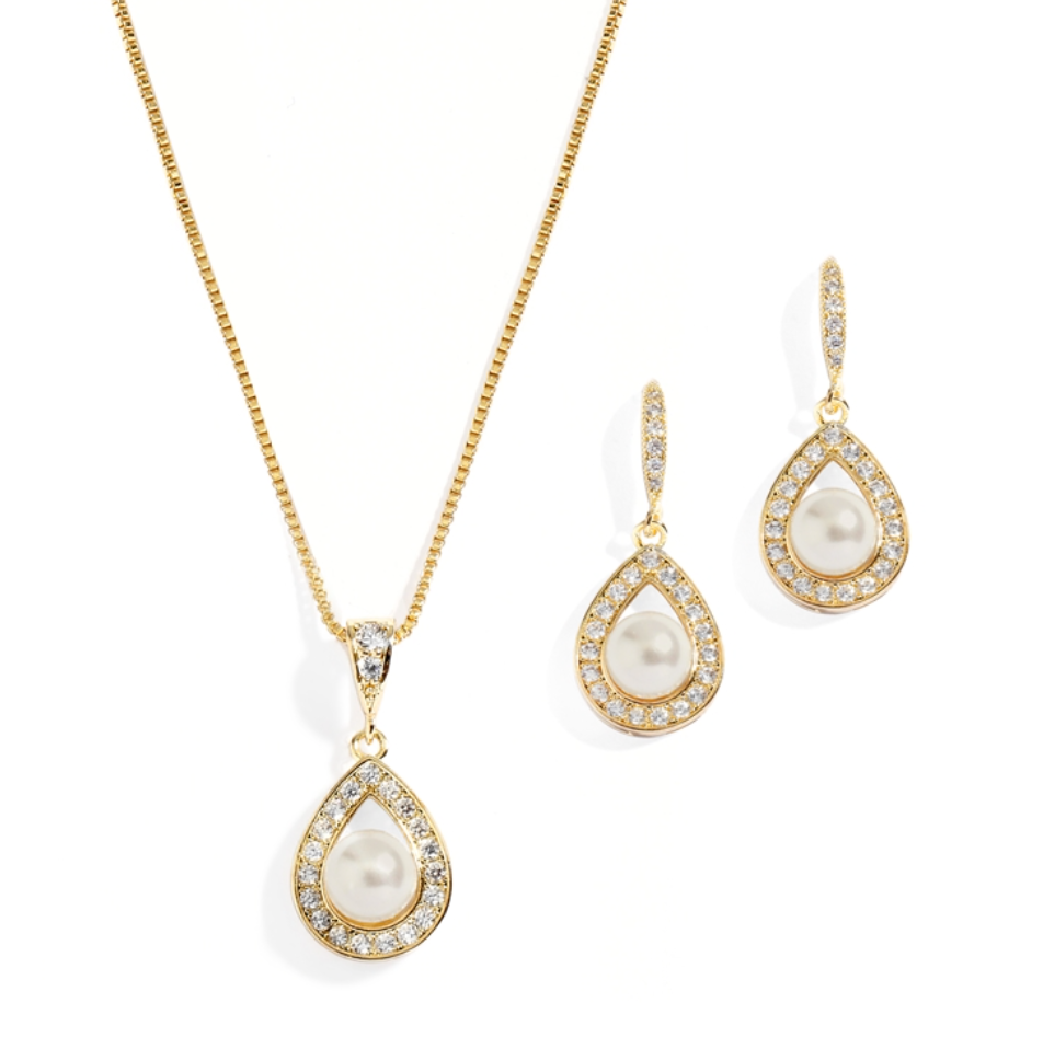 14K Gold Necklace & Earrings Set with CZ Framed Pearl