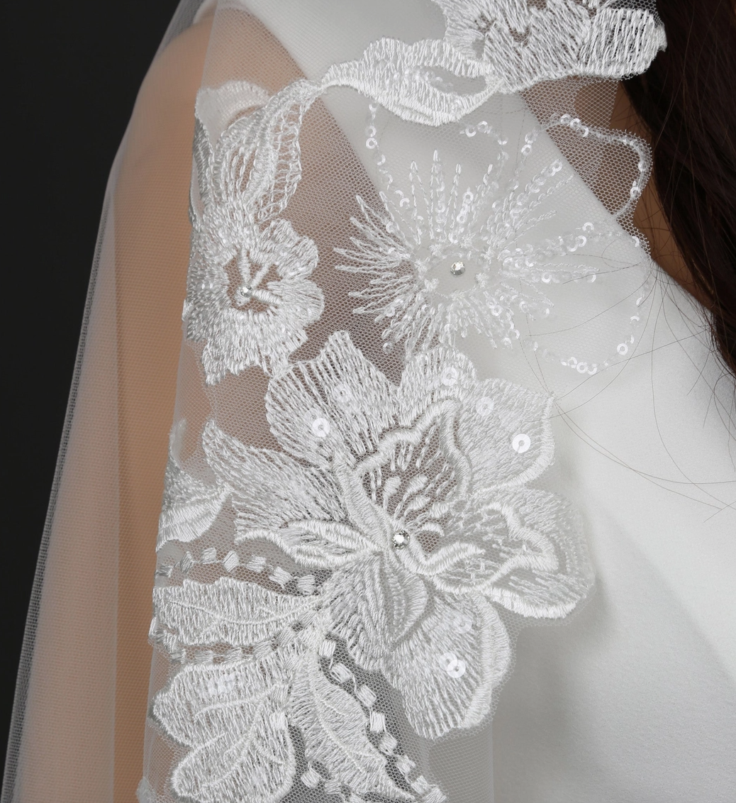 Mantilla Cathedral Length Floral Vine Embroidered Veil with Rhinestones