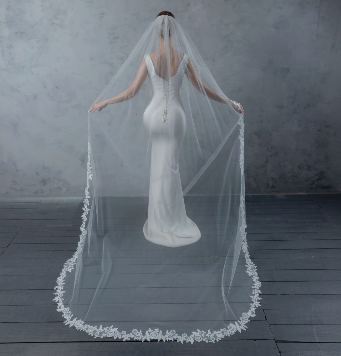 Floral Vine Embroidered Bridal Veil with Rhinestones Cathedral Length