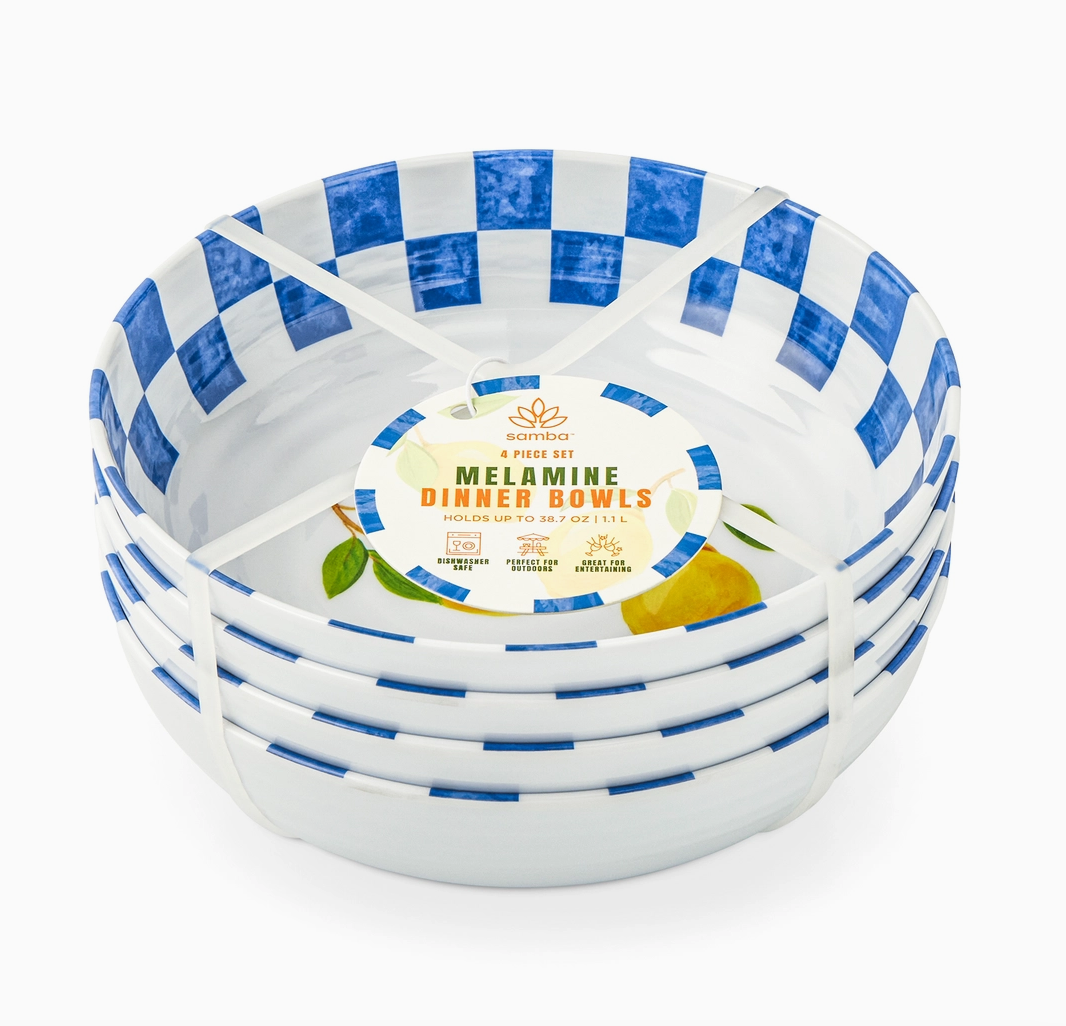 4pk Melamine Dinner Bowls - Lemon Check