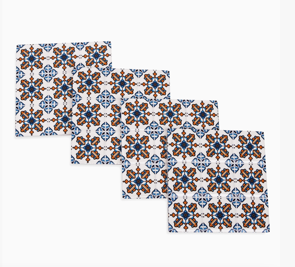 Set of 4 Square Tile Coasters - Blue/Orange