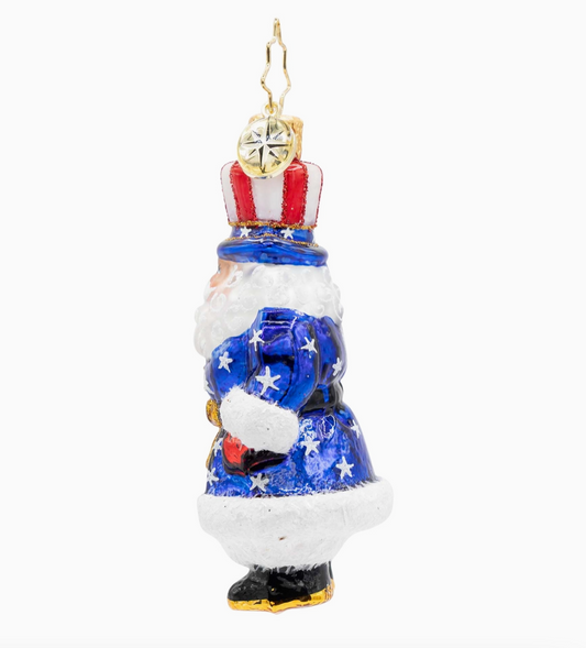 Side view of Christopher Radko All-American Santa Gem handmade glass Christmas ornament