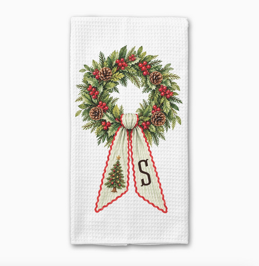 Personalized Monogram Christmas Wreath Kitchen Towel