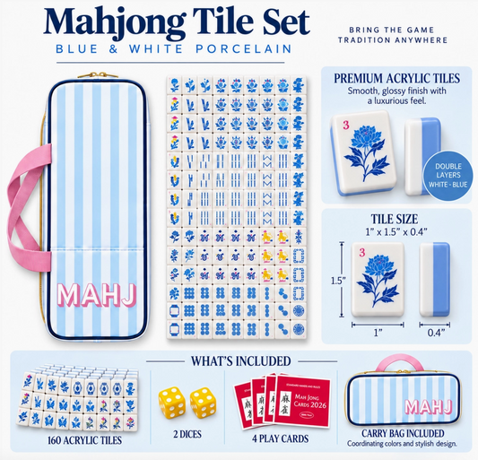 Blue Porcelain Mahjong Tile Set with Striped Carry Bag – 160 Tiles