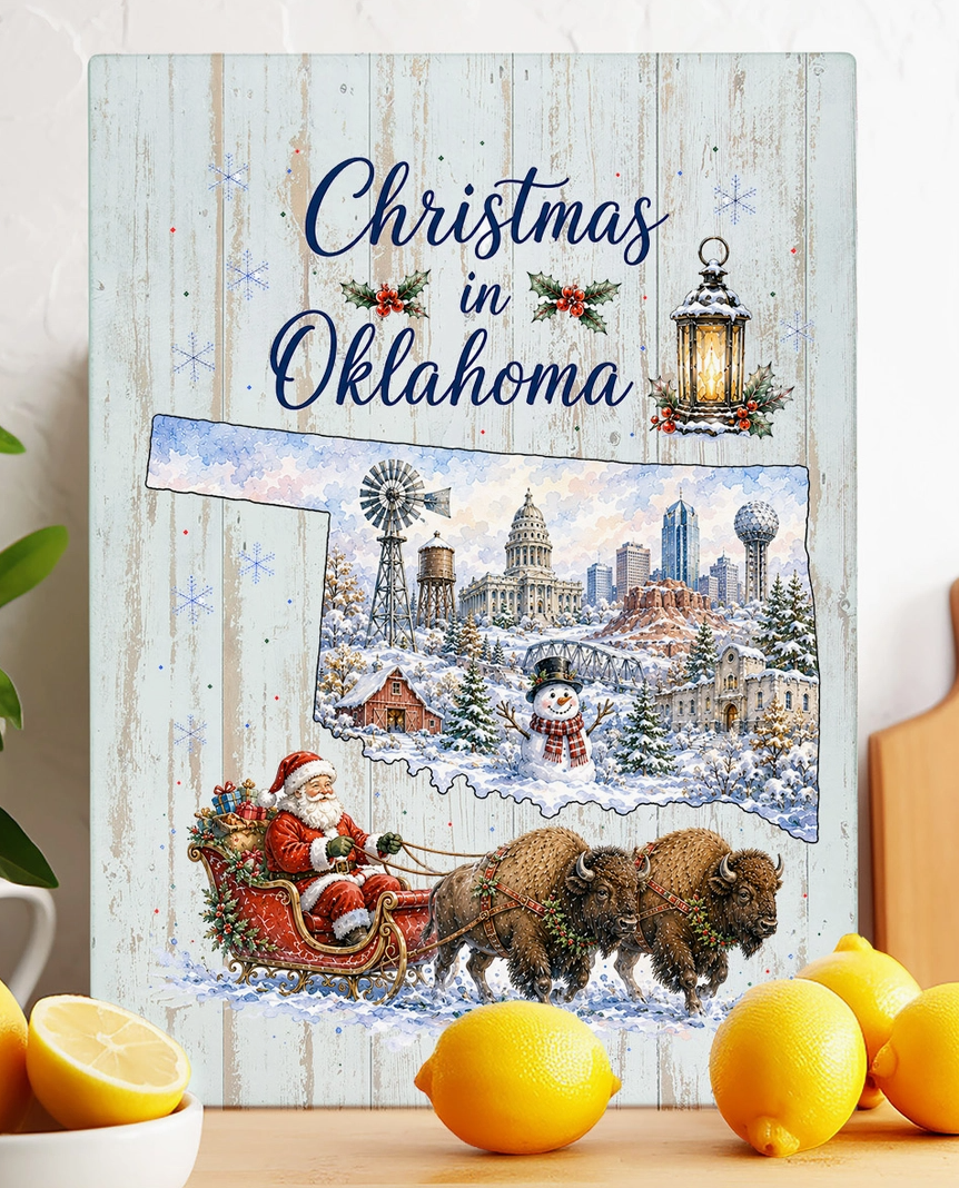 Christmas in Oklahoma State Map Glass Cutting Board – Made in USA