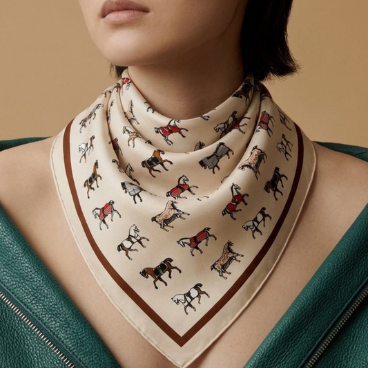 Cream equestrian horse print satin scarf styled around the neck with classic horse motif