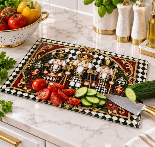 Nutcracker Black & White Check Glass Cutting Board - NY Gift Boutique