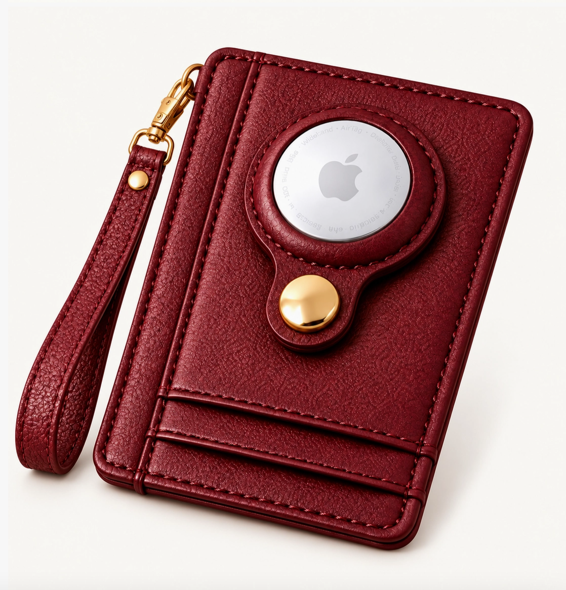 Burgundy textured wallet with wristlet, card slots, gold-tone snap, and tracking-device holder.