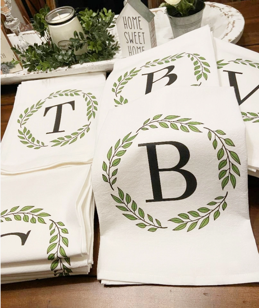 Personalized Monogram Kitchen Towel – Initial Wreath Design