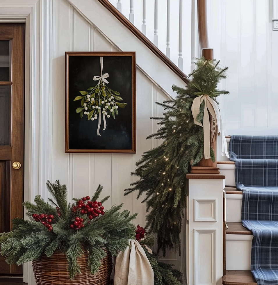 Mistletoe on Black Christmas Art Print – Unframed