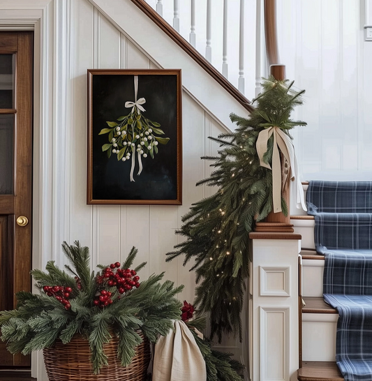 Mistletoe on Black Christmas Art Print – Unframed