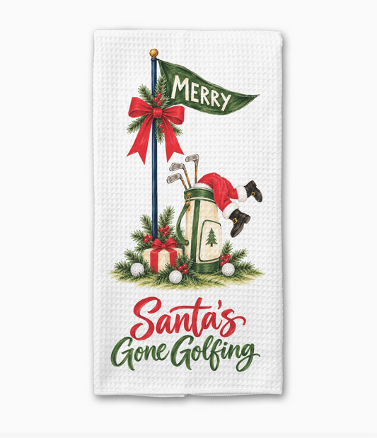Customizable Santa’s Gone Golfing Christmas Kitchen Towel