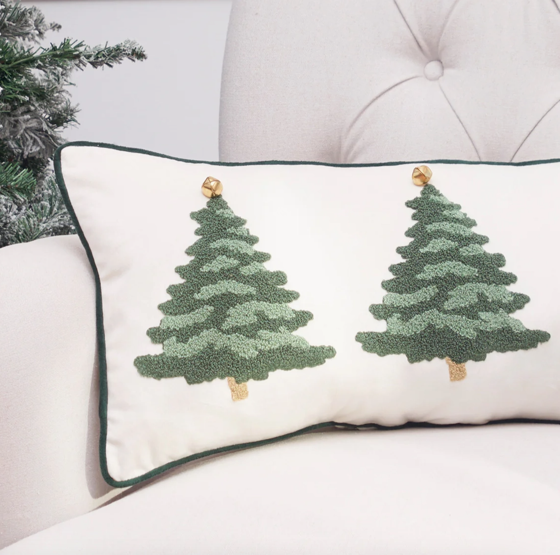Christmas Flocked Tree Embroidered Lumbar Throw Pillow – 12" x 24"
