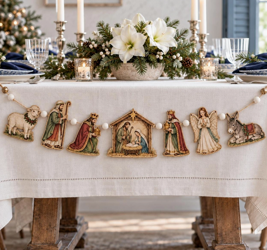Vintage Nativity Wooden Christmas Garland – 7-Piece