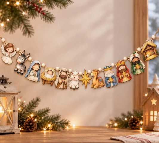 Farmhouse Nativity Wooden Christmas Garland – Holy Family
