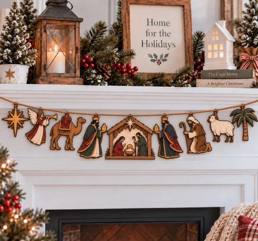 Nativity Scene Wooden Christmas Garland – Holy Family Décor