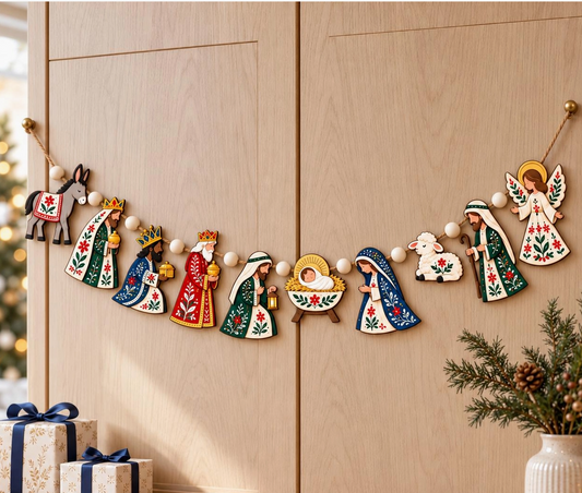 Nordic Folk Nativity Wooden Christmas Garland