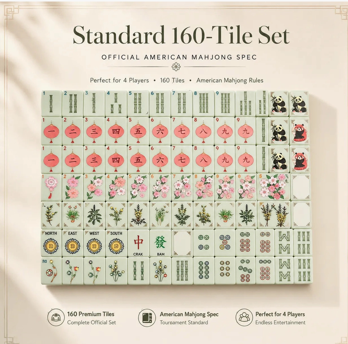 Oriental Garden Panda & Cherry Blossom Mahjong Tile Set