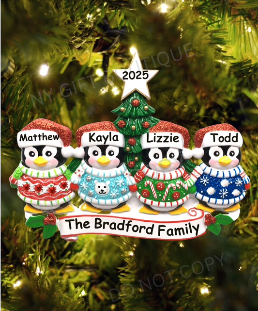 Ugly Sweater Penguin Family Personalized Ornament