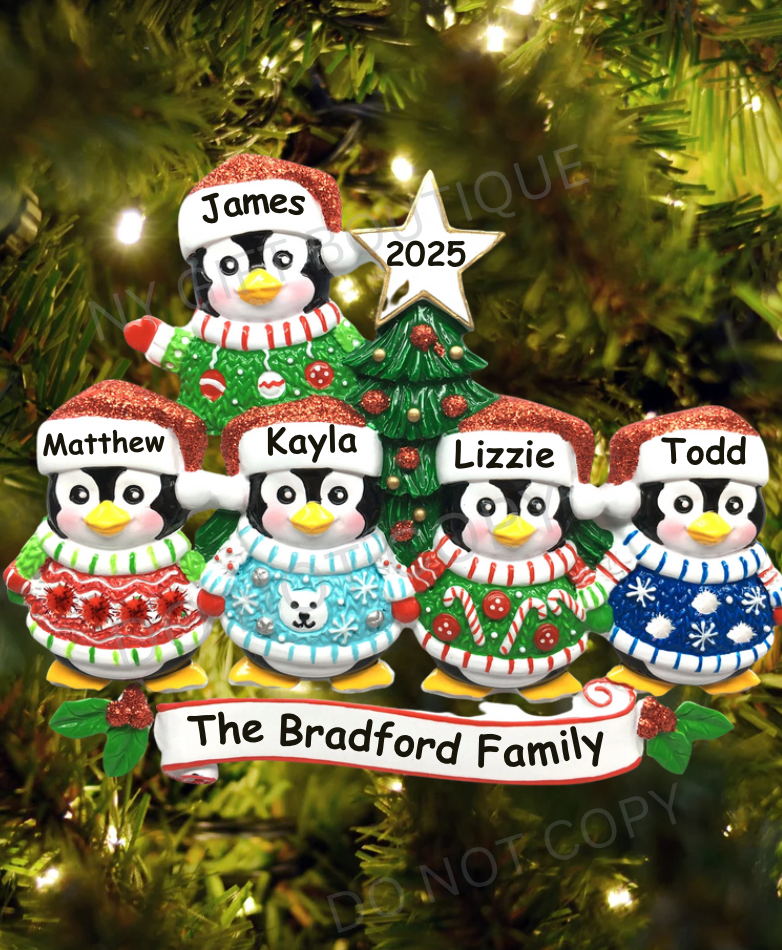 Ugly Sweater Penguin Family Personalized Ornament