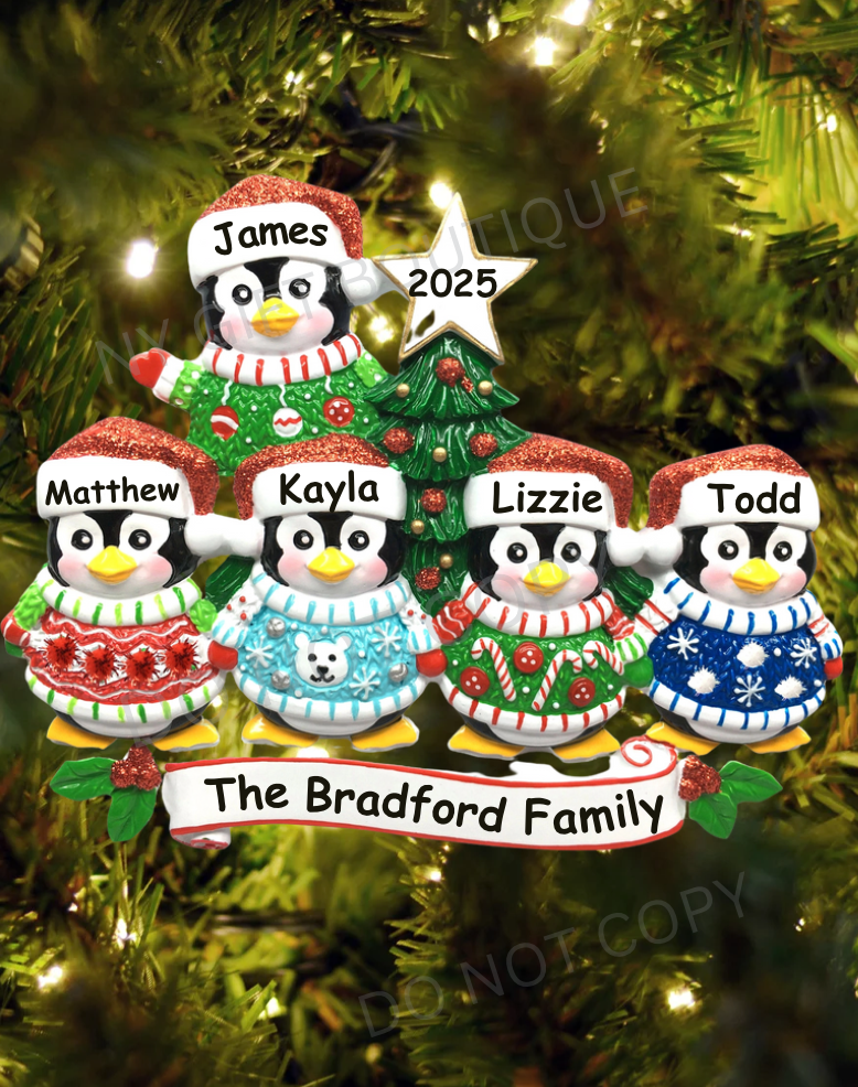 Ugly Sweater Penguin Family Personalized Ornament
