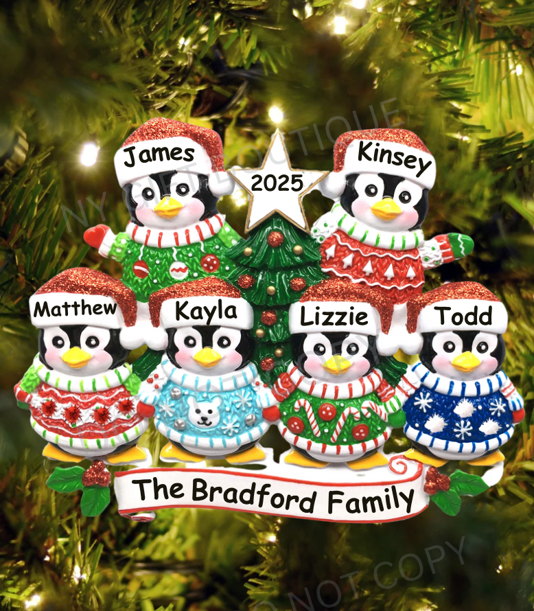 Ugly Sweater Penguin Family Personalized Ornament