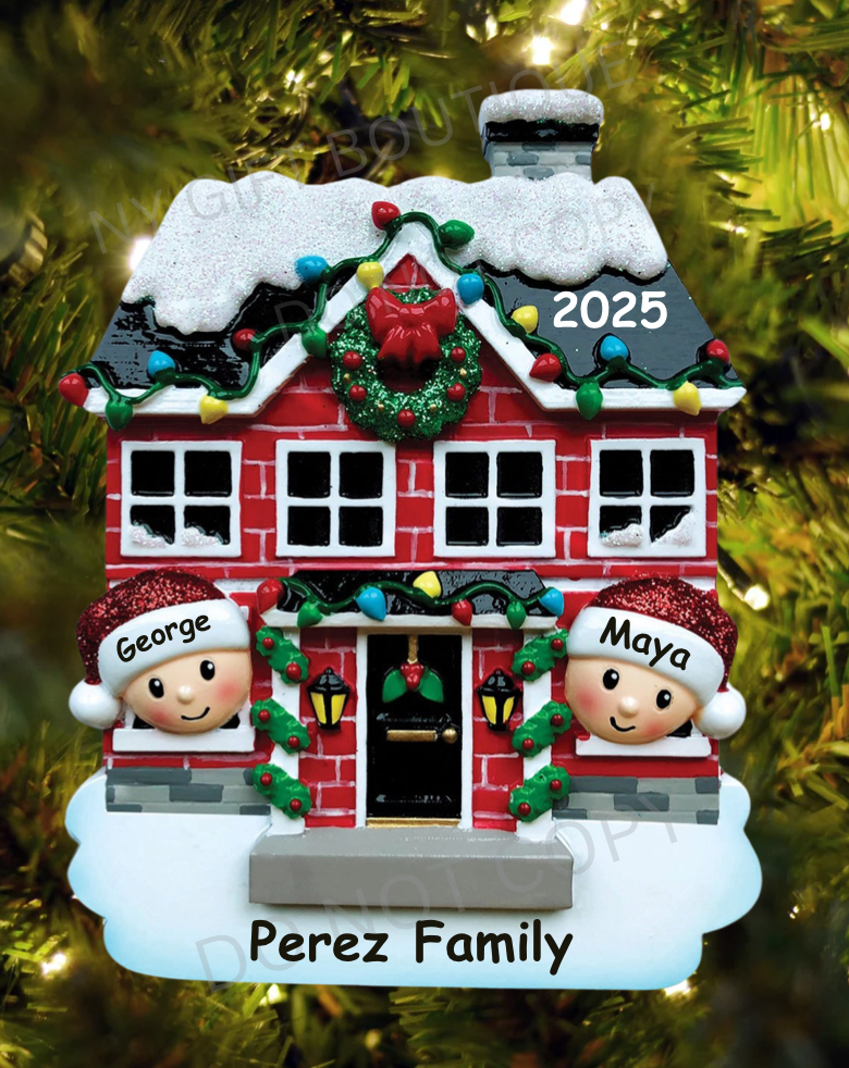 Family Peeking Out of House Personalized Ornament