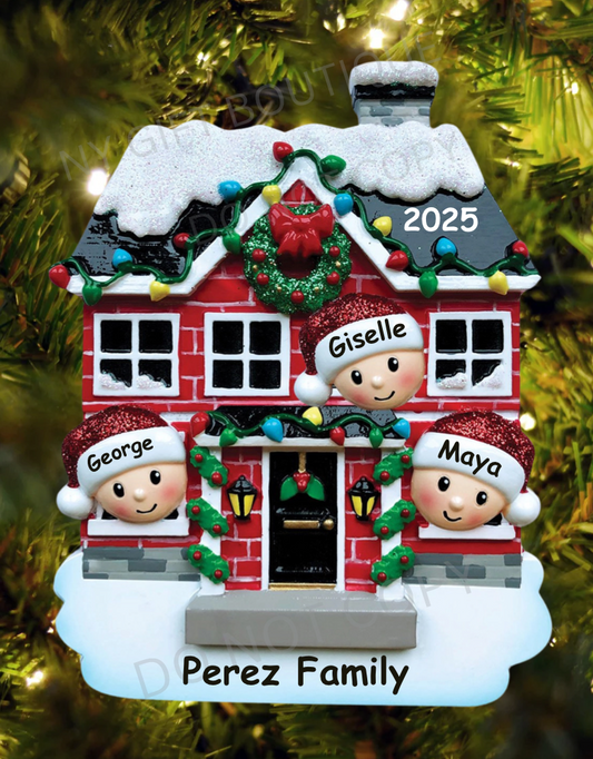 Family Peeking Out of House Personalized Ornament