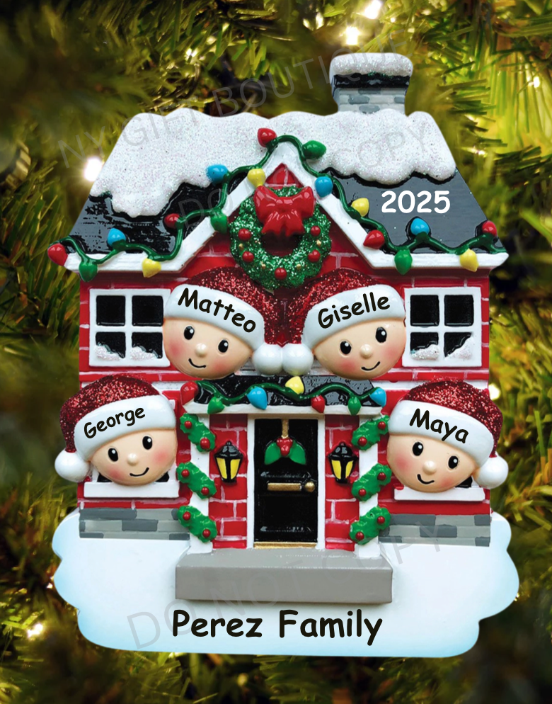 Family Peeking Out of House Personalized Ornament