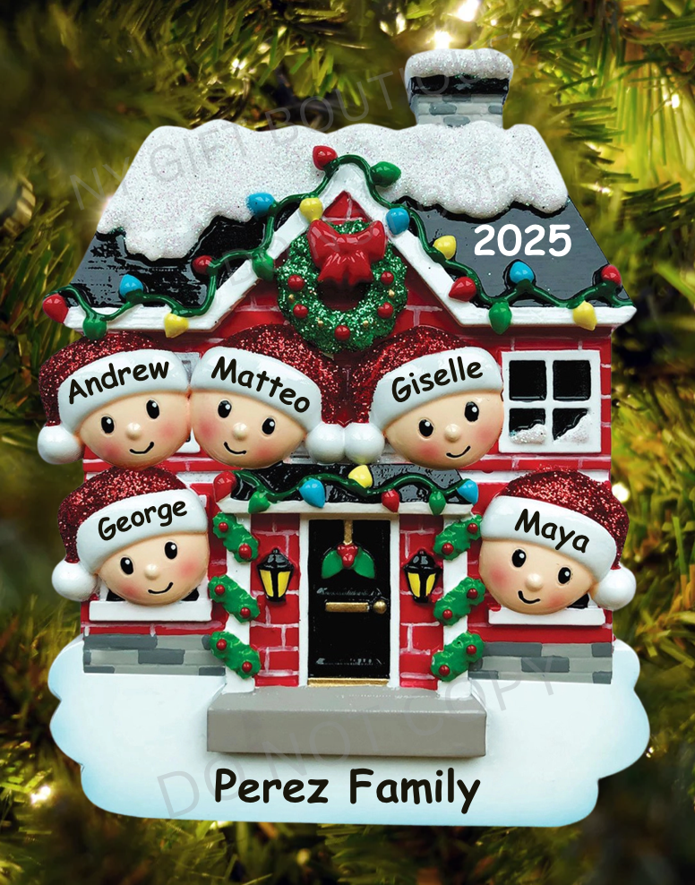 Family Peeking Out of House Personalized Ornament