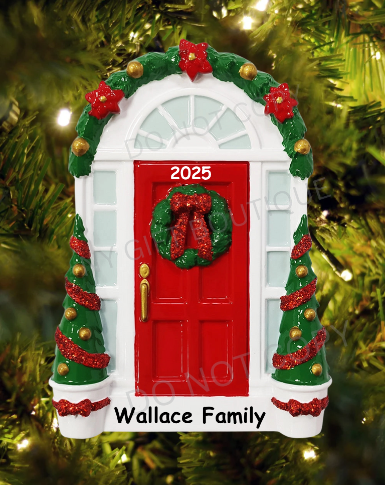 Red Door with Wreath Personalized Ornament