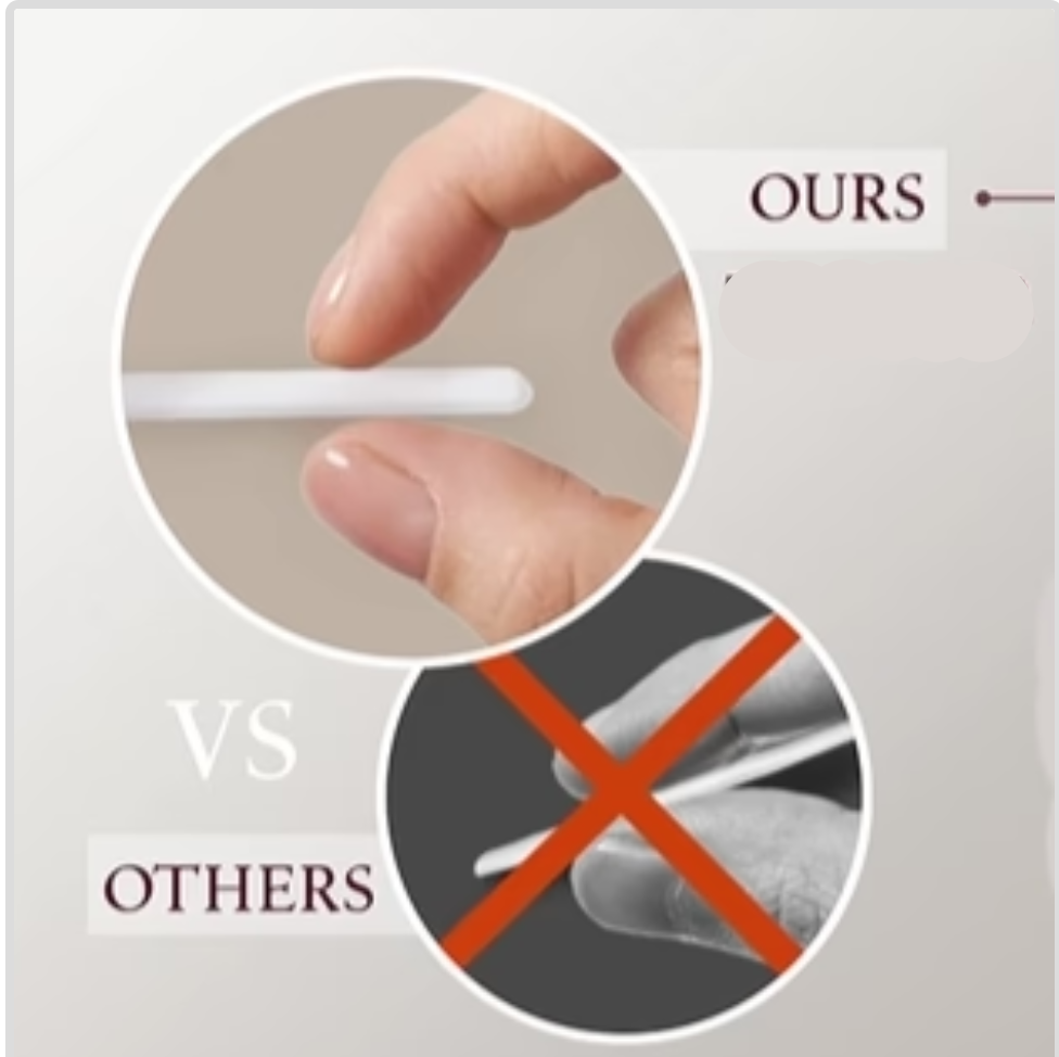 Comparison of a thicker applicator with 'OURS' and a thinner one with 'OTHERS' on a gray background.