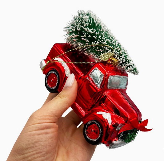 Traditional Red Glass Truck Ornament with Tree