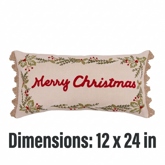 Merry Christmas Botanical Embroidered Lumbar Throw Pillow – 12 x 24