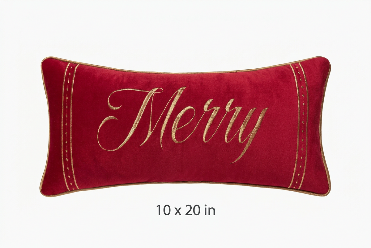 Christmas Merry Red & Gold Embroidered Lumbar Throw Pillow