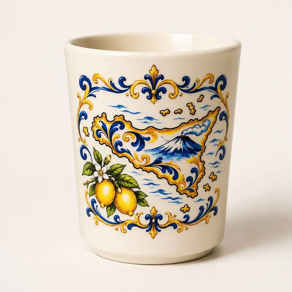 An off-white ceramic cup featuring a hand-painted Italian-style design with a map of Sicily, blue waves, lemons, and green leaves, set against a plain light background. NY Gift Boutique