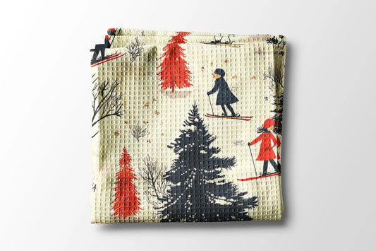 Skiing Mountain Waffle Weave Tea Towel