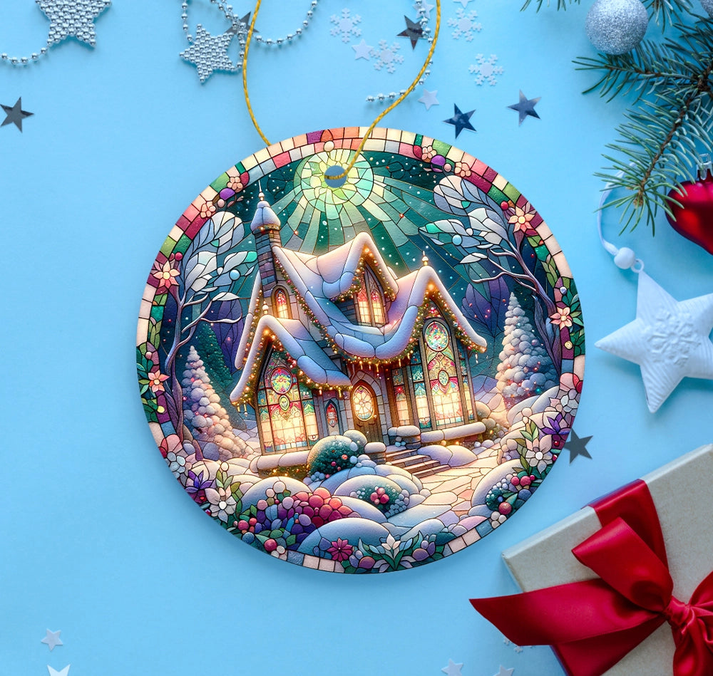 Decorative Christmas ornament with a snowy village scene on a blue background with stars and a gift.