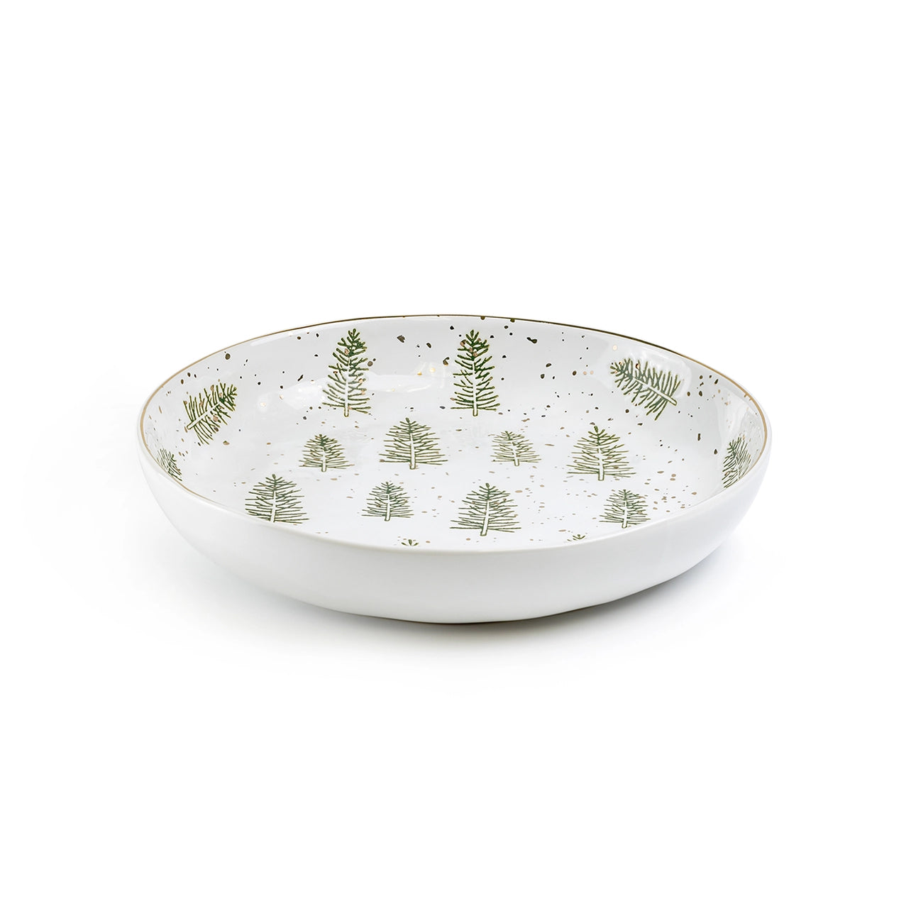 White ceramic bowl with green tree pattern on a white background