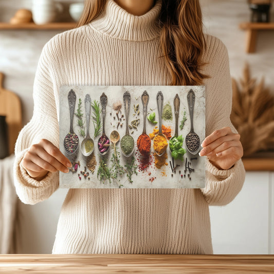 Person holding a glass cutting board with spoons filled with various spices and herbs in a kitchen setting