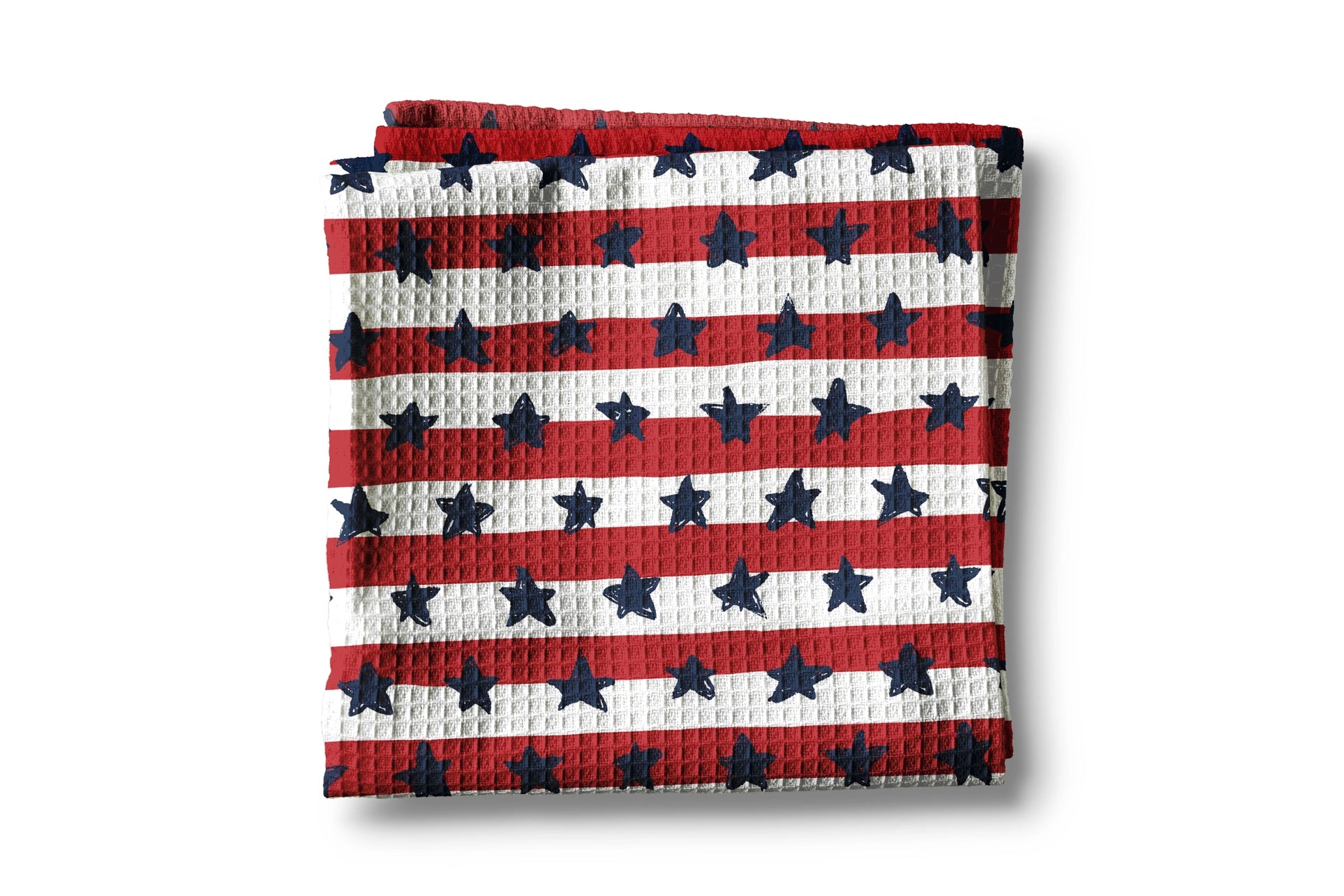 Folded towel with red, white, and blue star pattern on a white background
