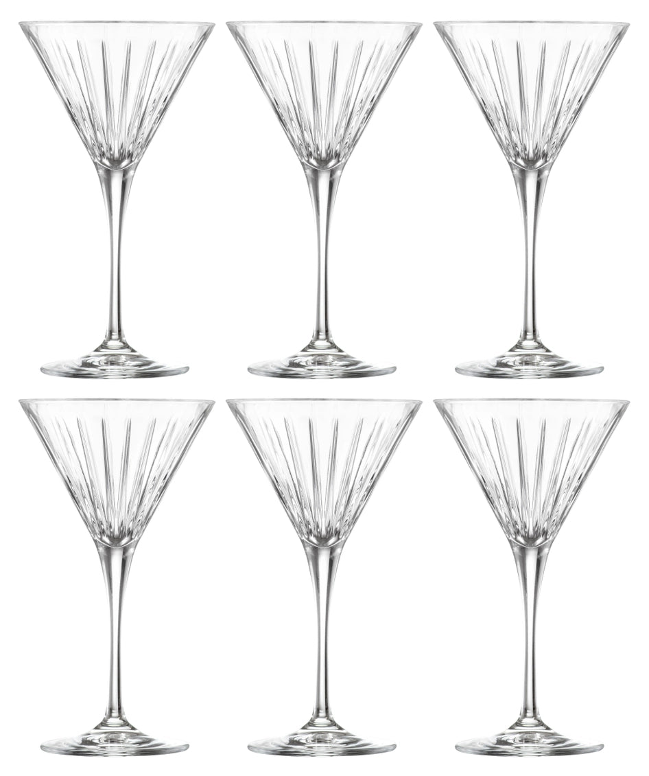 Set of six clear martini glasses with a textured design on a white background