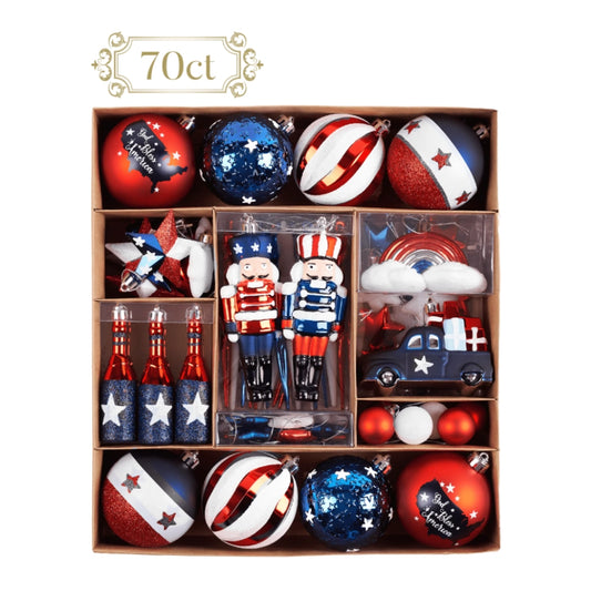 Box of patriotic Christmas ornaments with red, white, and blue colors.