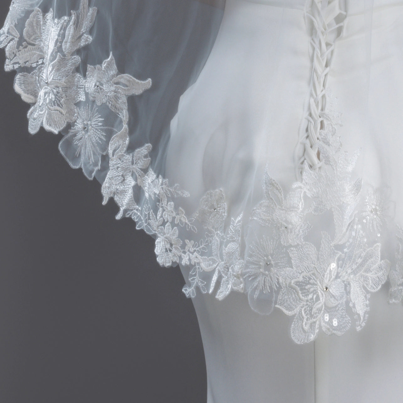 Close-up of a white lace garment on a dark background